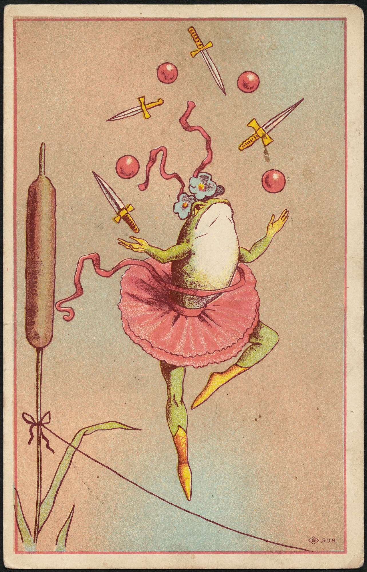 Frogs in ballet costumes with juggling balls and swords on a vintage-style card.