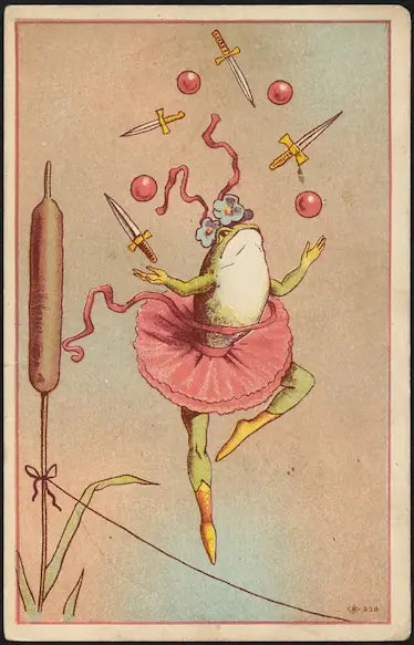 Frog in a pink dress juggling with swords and balls on a vintage-style card.