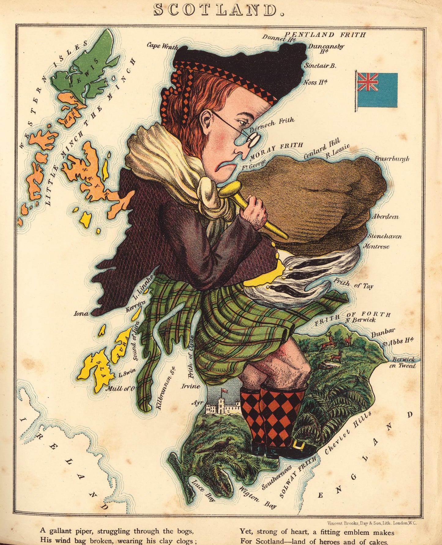Cartoon character of Scotland sweeping a map of Scotland with text and a flag.