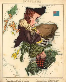 Cartoon character on a map of Scotland with Scottish flags.