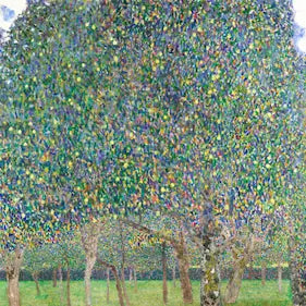 Artistic depiction of trees with a focus on green and brown tones