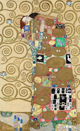 Artistic depiction of a couple embracing with intricate patterns and colors, by Gustav Klimt.