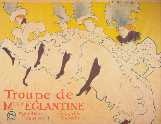Vintage poster of a troupe with women in elaborate hats and dresses, featuring the text 'Troupe de Mlle Eglantine'.