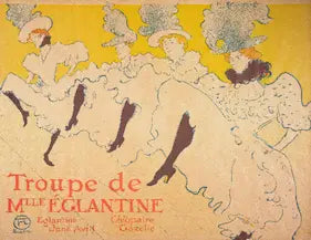Vintage poster of a troupe with 'Troupe de Mlle Eglantine' text on a yellow background