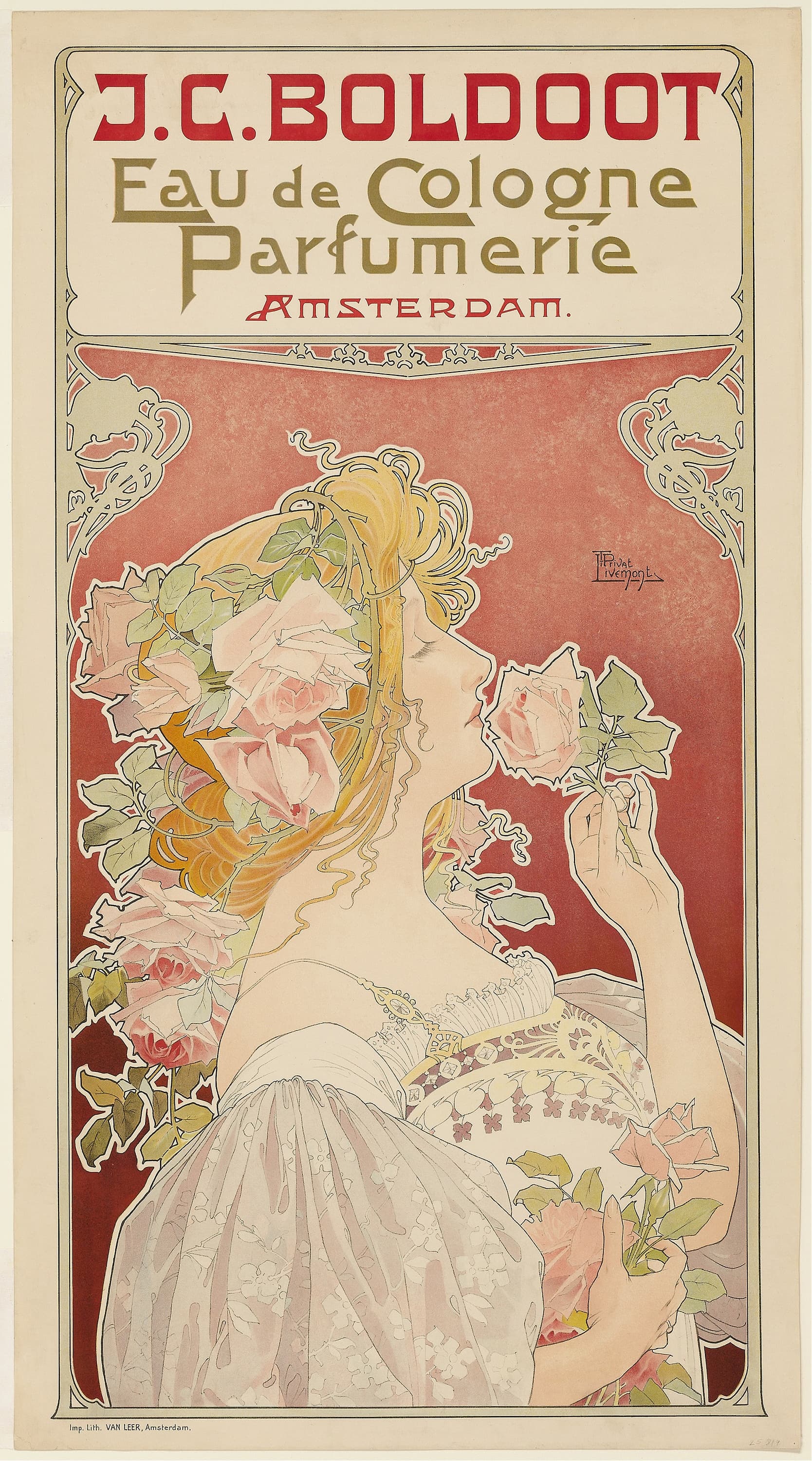 Vintage advertisement poster for J.C. Boldoot Eau de Cologne Parfumerie Amsterdam with a stylized woman and floral elements.
