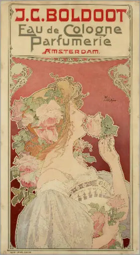 Vintage advertisement for J.C. Boldoot Eau de Cologne Parfumerie Amsterdam with decorative design and woman in a dress.