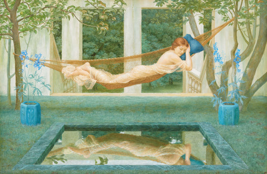 Woman lying on a hammock by a pool with trees and columns in the background