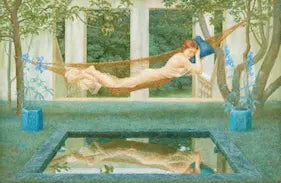 Woman lying on a hammock by a pool with trees and columns in the background