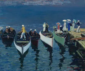 Artistic depiction of people on boats at a dock with a blue sky.