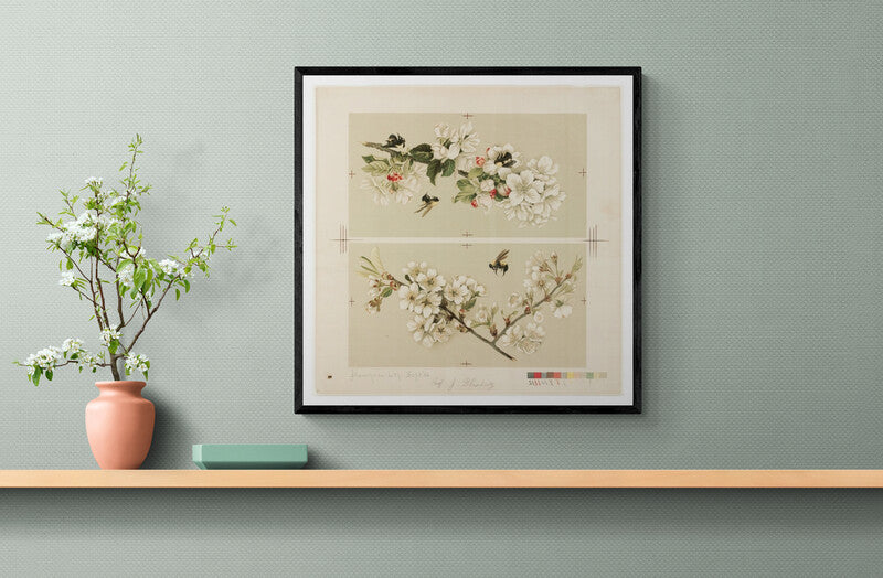 Flores de manzano y cerezo con abejas (década de 1800) | Impresiones botánicas vintage | oliva