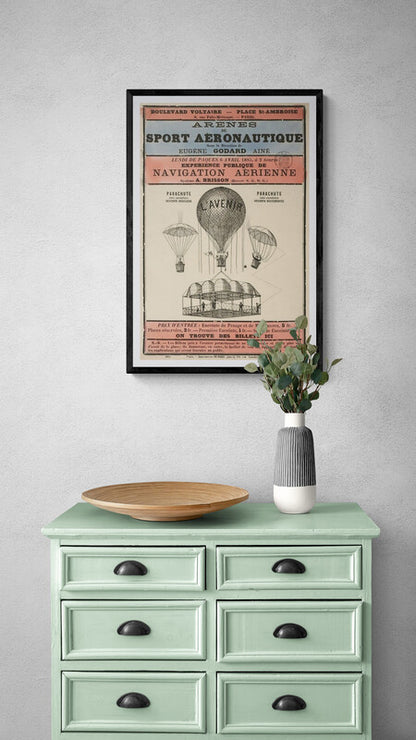 Aeronautical show poster, Paris (1800s) | Hot air balloon print