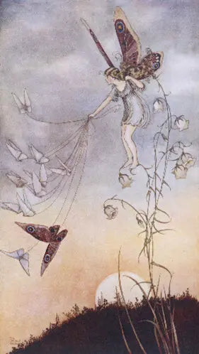 Fairy with butterfly wings interacting with flowers and butterflies against a sunset sky.