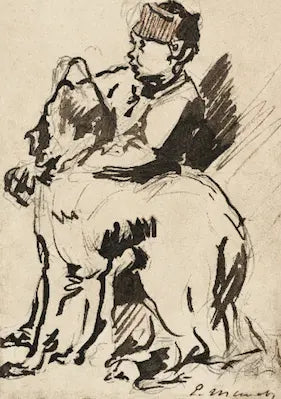 Illustration of a boy holding a dog by Edouard Manet.