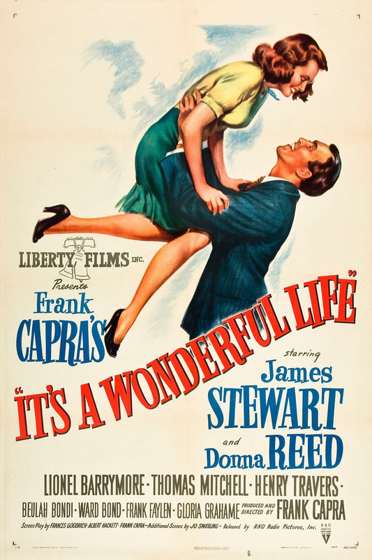 Vintage movie poster for 'It's a Wonderful Life' featuring James Stewart and Donna Reed.