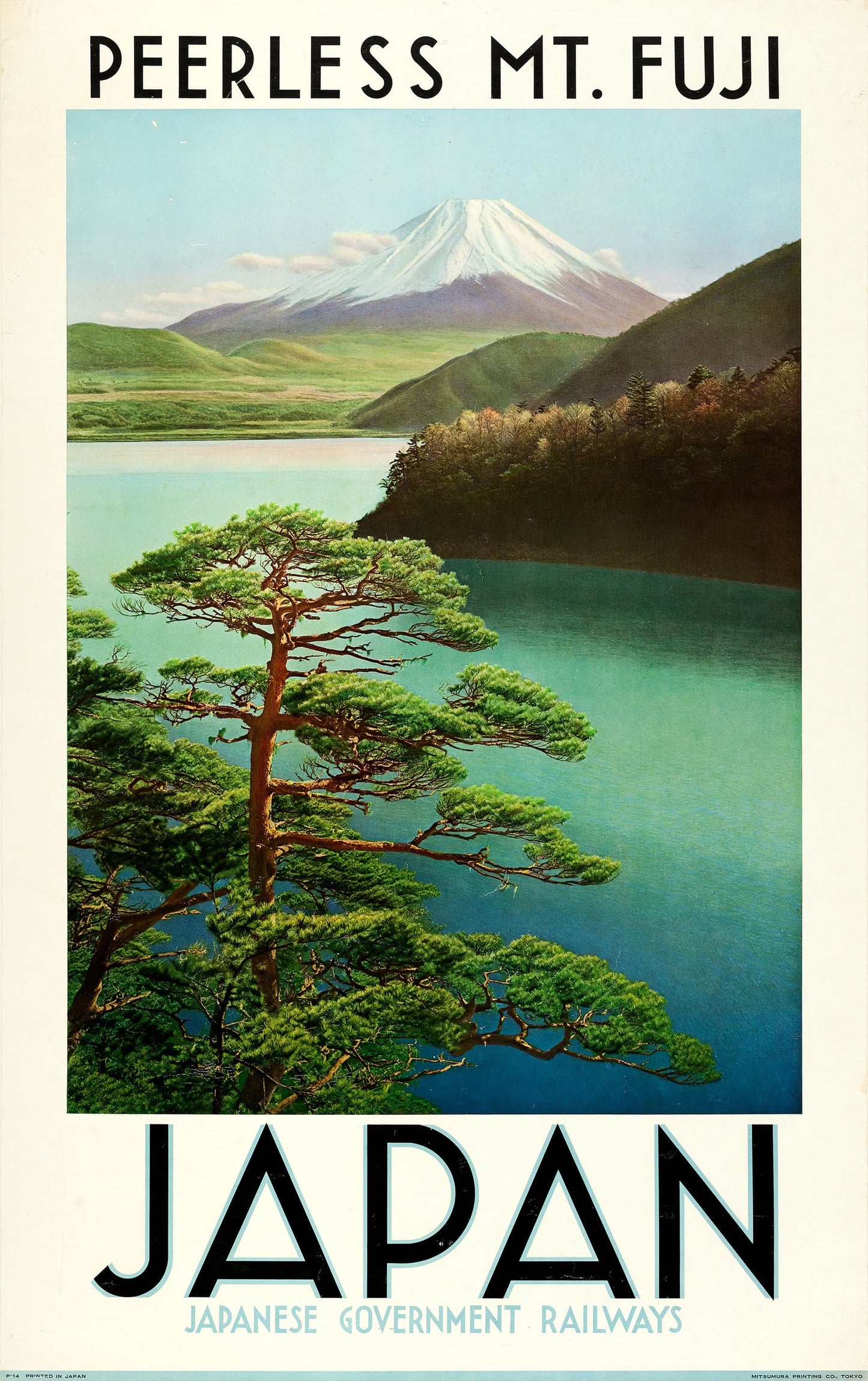 Vintage-style poster of Mount Fuji with a lake and tree, promoting Japan.