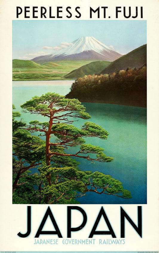 Vintage-style poster of Mount Fuji with a lake and tree, promoting Japan.