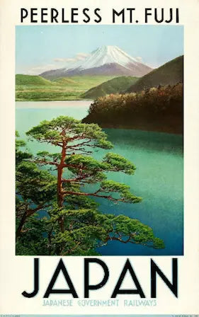 Vintage-style poster of Mount Fuji with a lake and tree, featuring 'Peerless Mt. Fuji Japan' text.