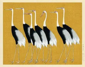 Artistic depiction of cranes on a gold background