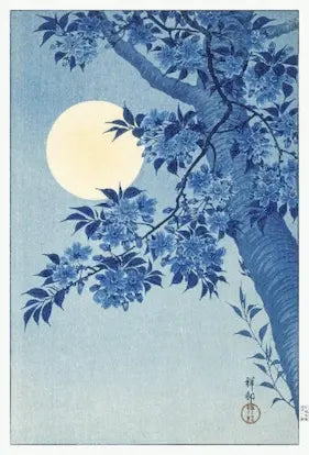 Traditional Japanese woodblock print of a cherry blossom tree with a full moon in the background.