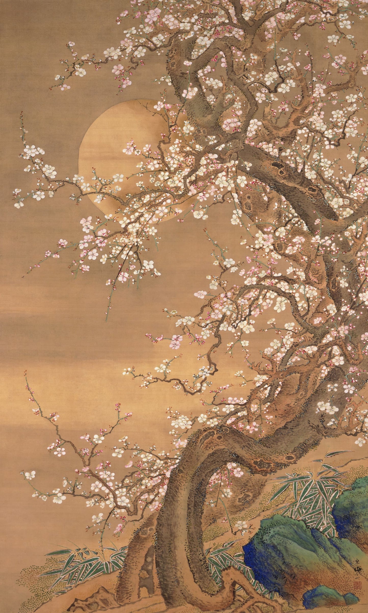 Traditional Japanese painting of cherry blossoms against a full moon