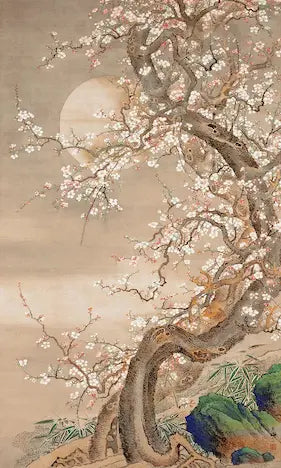Traditional Japanese artwork of cherry blossoms with a full moon in the background