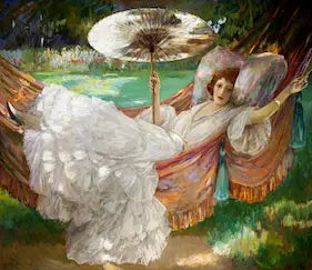 Artistic depiction of two women in a garden setting with one holding an umbrella.
