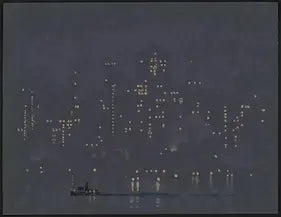 City skyline at night with illuminated buildings reflected in water