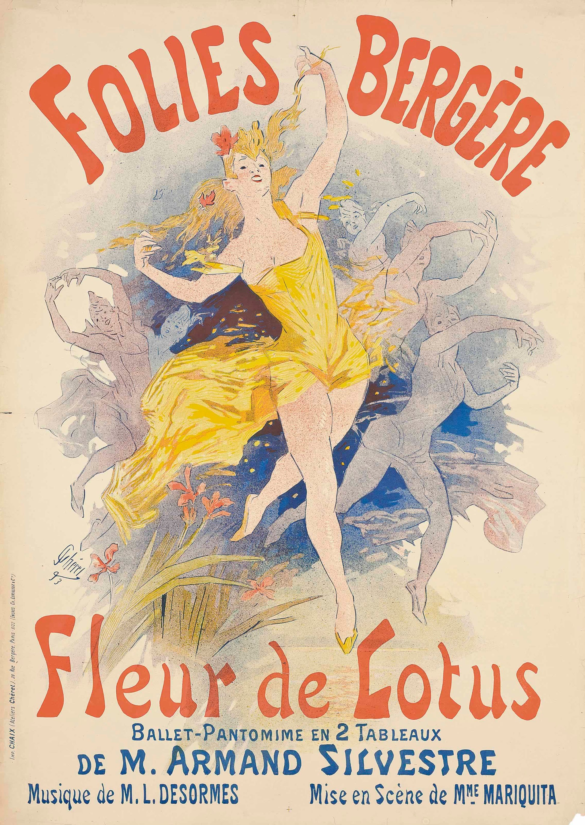 Vintage poster for 'Folies Bergère' with a dancer and text