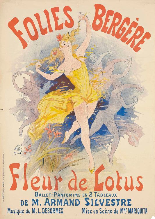 Vintage poster for 'Folies Bergère' with a dancer and text
