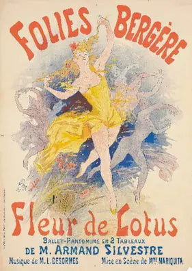 Vintage poster for Folies Bergère with a dancer in a yellow dress against a colorful background