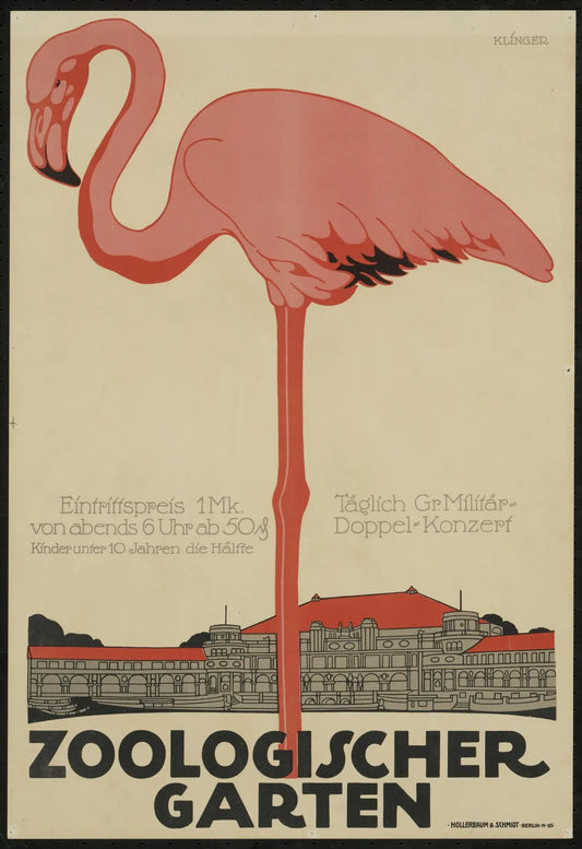 High-quality reproduction vintage German Sachplakat art print of Julius Klinger's Zoologischer Garten (1910) Flamingo Poster.