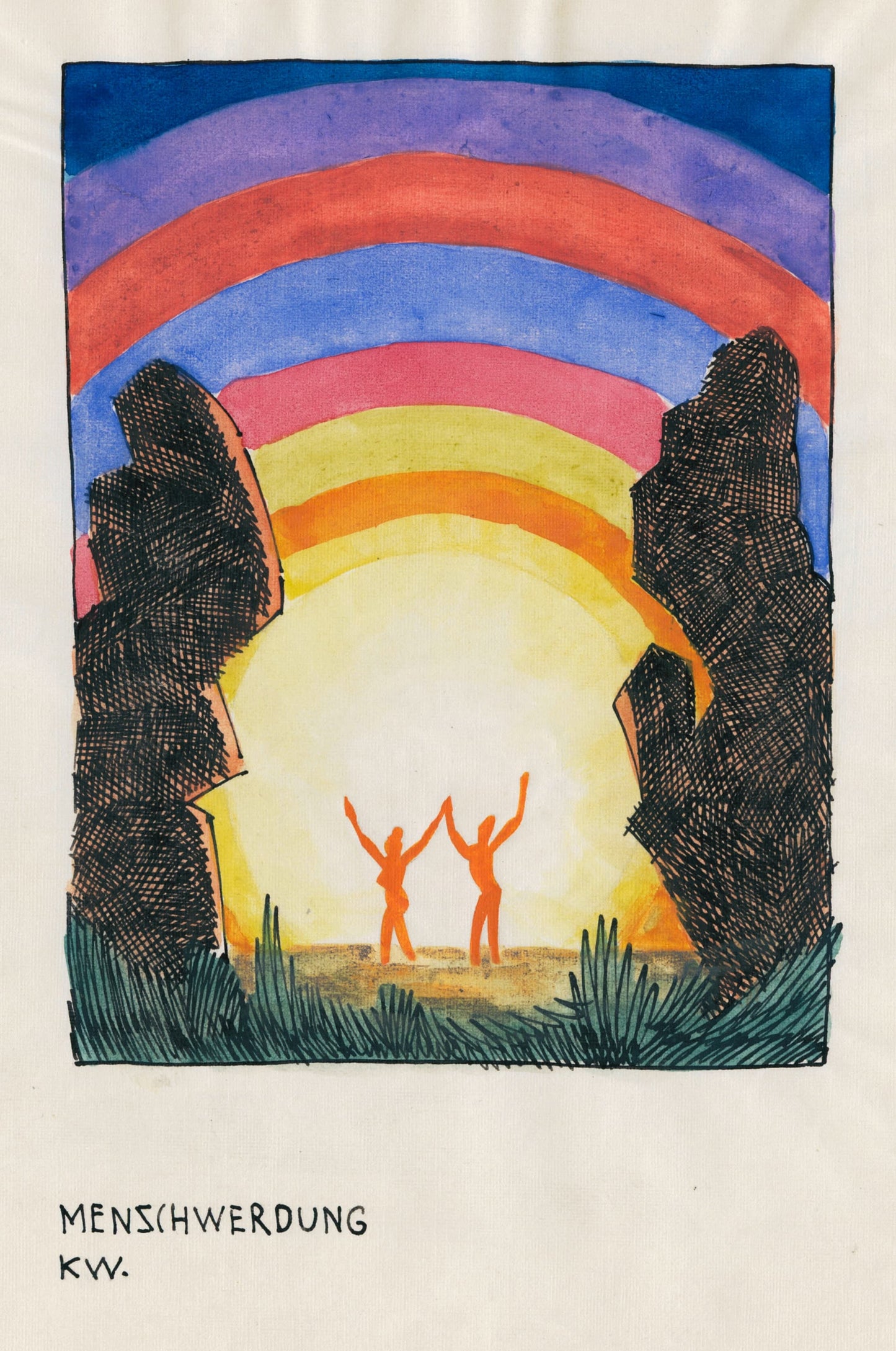 Artistic depiction of two figures under a rainbow with 'Menschwerdung' and 'KW' text.