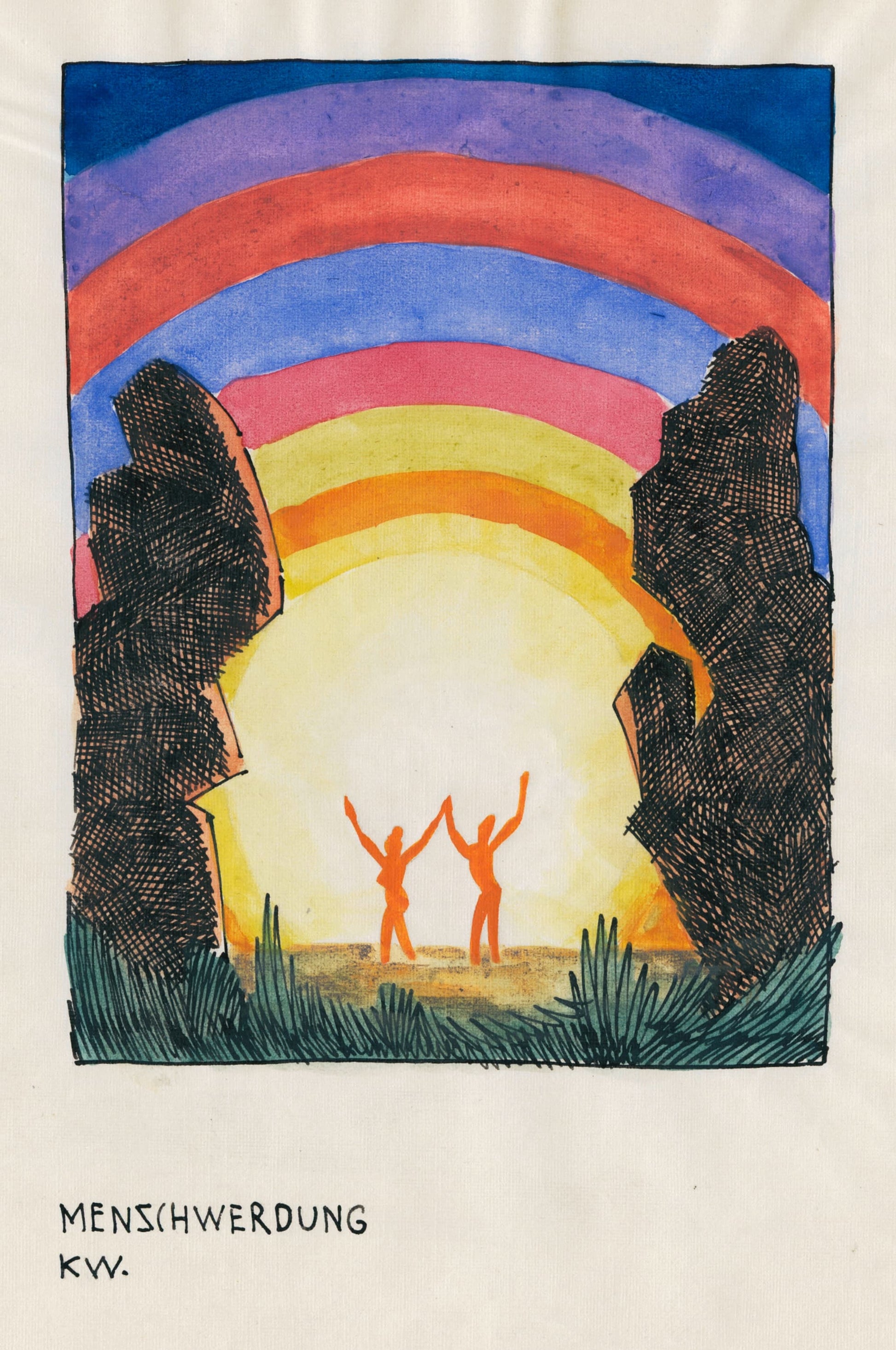 Artistic depiction of two figures under a rainbow with 'Menschwerdung' and 'KW' text.