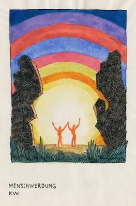 Artistic depiction of two figures under a rainbow with 'Menschwerdung' and 'KW' text.