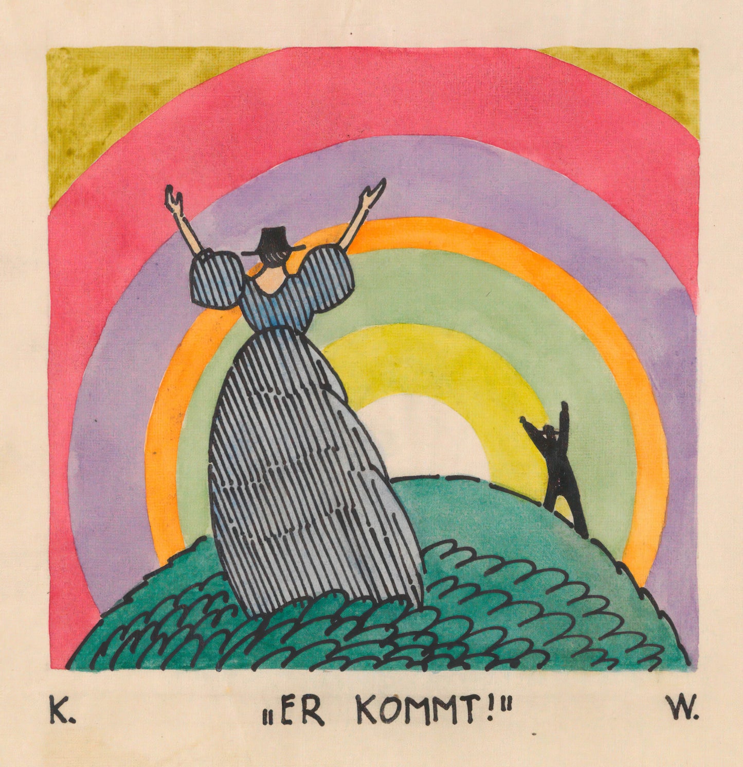 Artistic depiction of a figure with outstretched arms against a colorful circular background, with text 'ER KOMMT!' at the bottom.