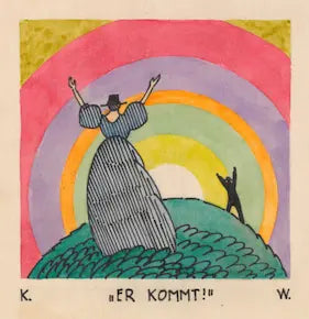 Artistic depiction of a figure with outstretched arms against a colorful circular background, with text 'ER KOMMT!' at the bottom.