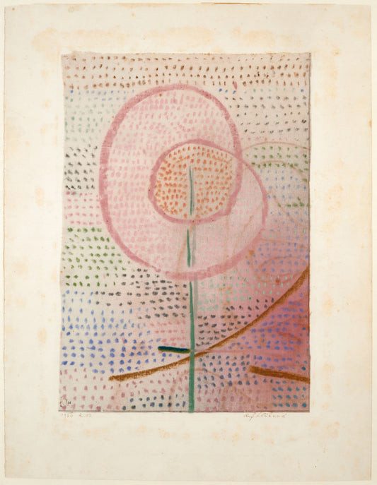 Abstract artwork with a pink flower-like shape on a textured beige background