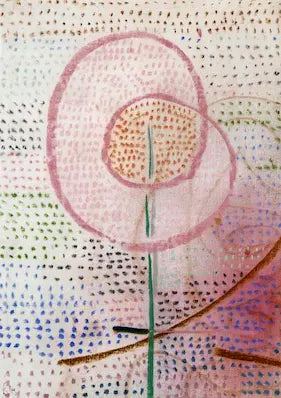Abstract artwork with a pink circle and green stem on a textured background