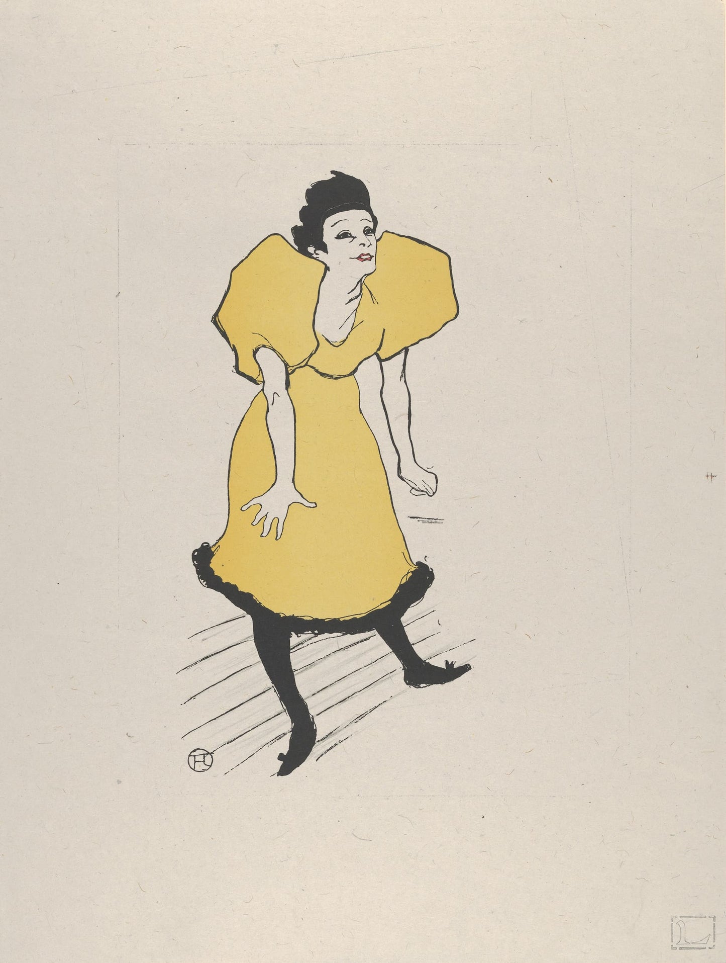 Illustration of a woman in a yellow dress with a black hat on a beige background