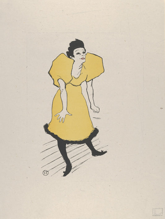 Illustration of a woman in a yellow dress with a black hat on a beige background