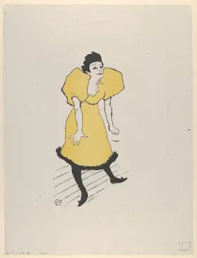 Illustration of a woman in a yellow dress with puffed sleeves on a light gray background