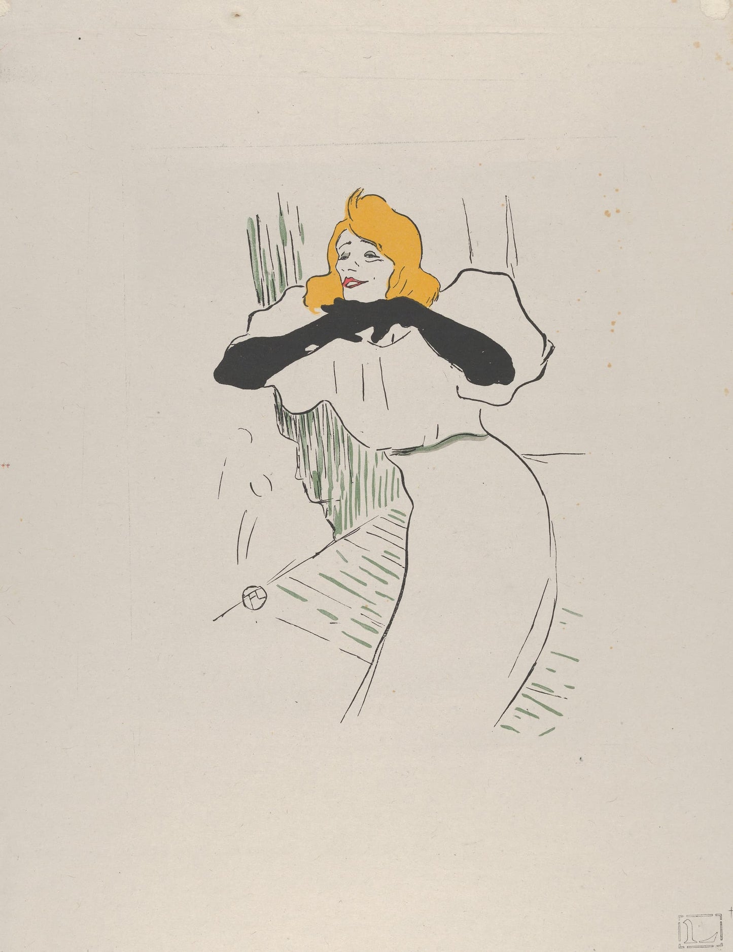 Artistic depiction of a woman with red hair with black gloves, on a light gray background