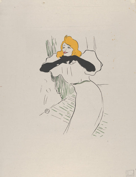 Artistic depiction of a woman with red hair with black gloves, on a light gray background