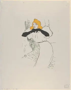 Artistic depiction of a woman with red hair wearing a black glove, on a light gray background.