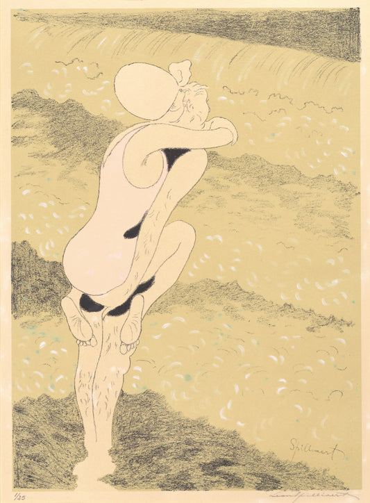 Artistic depiction of a nude figure against a landscape background