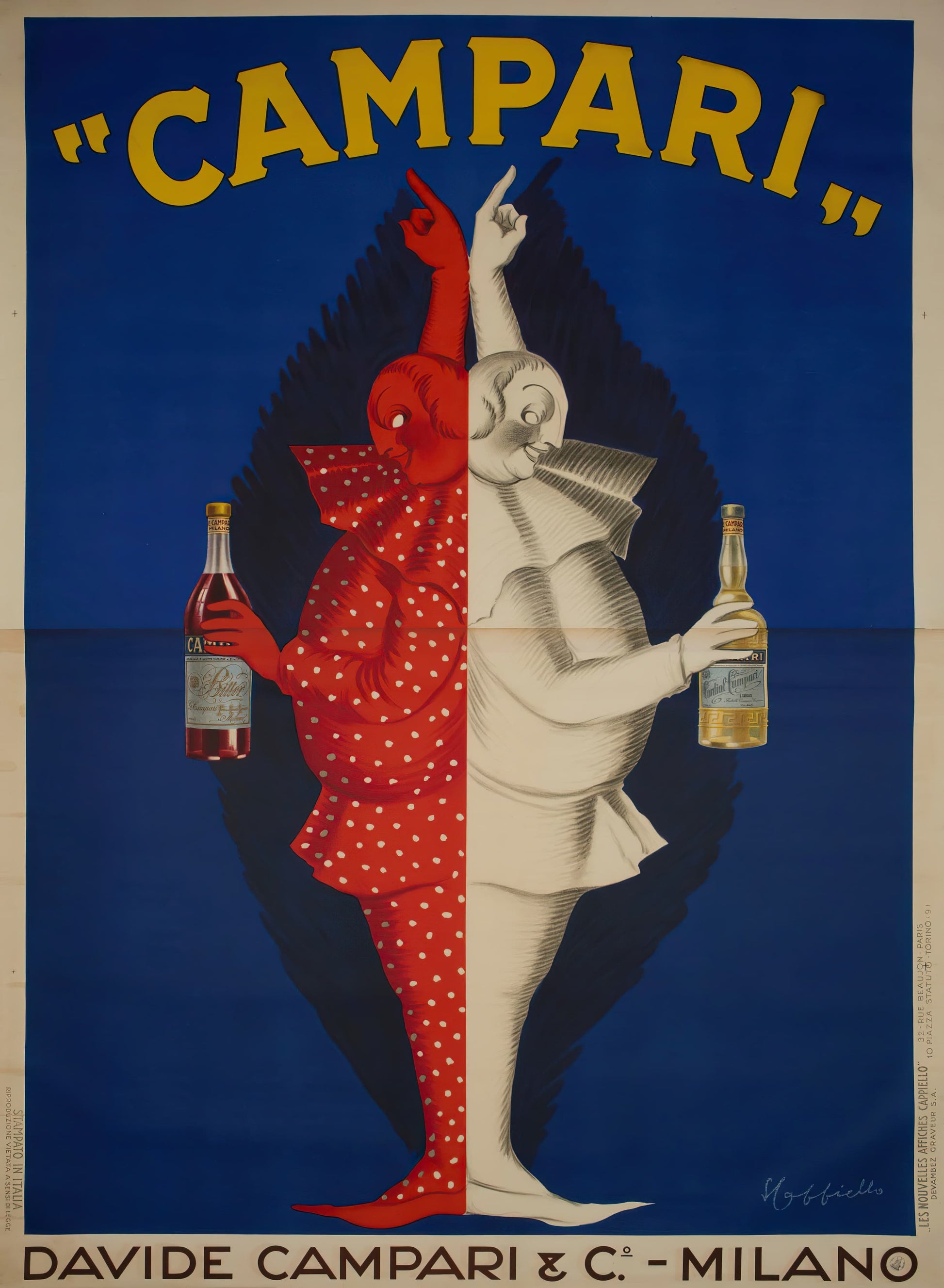 Vintage Campari advertisement with a split image of a red and white figure holding bottles against a blue background.