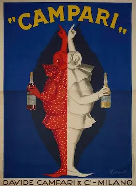Vintage Campari advertisement with a red and white figure holding bottles against a blue background