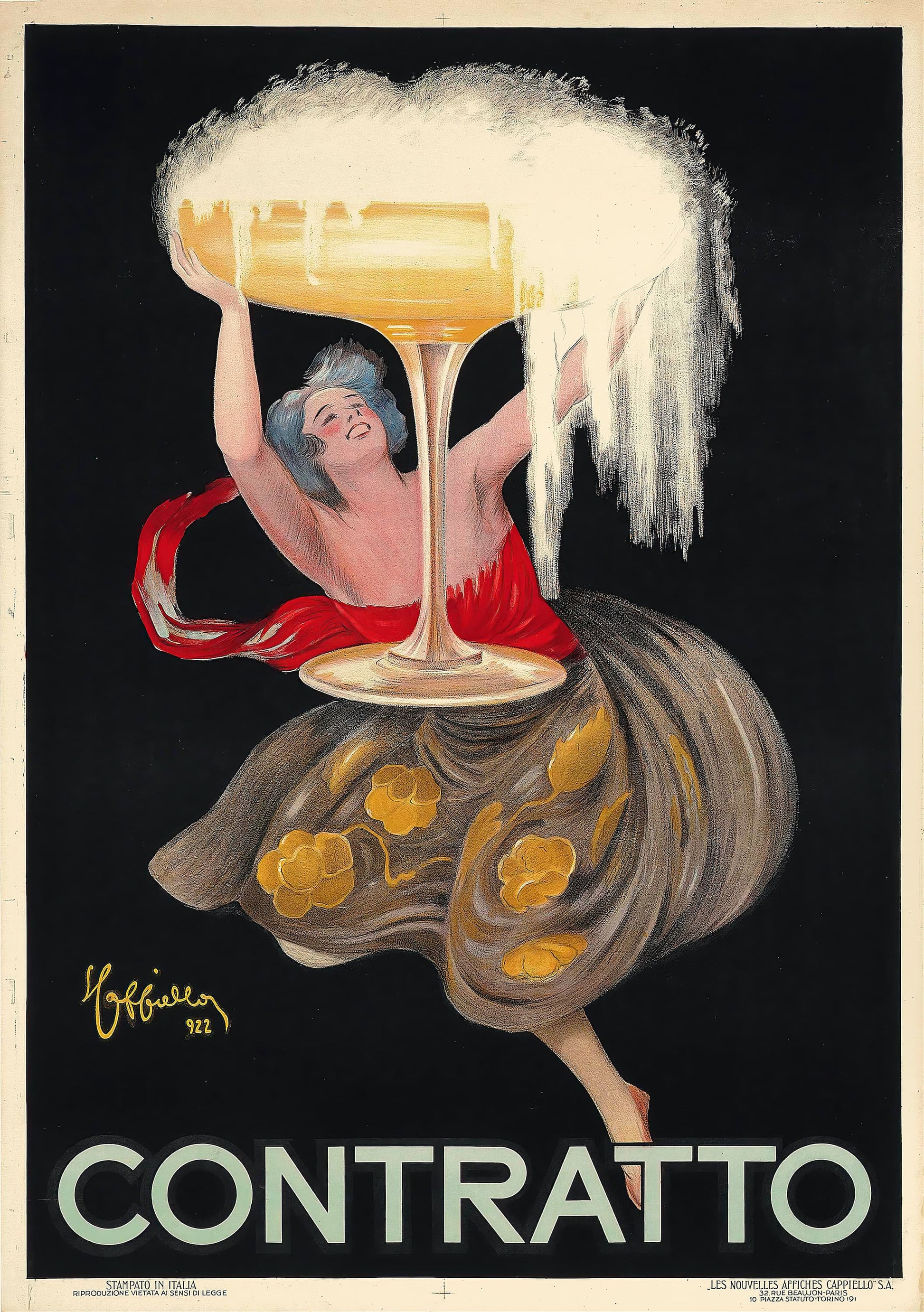 Vintage-style advertisement poster with a woman holding a large glass of sparkling wine, featuring the brand 'Contratto'.