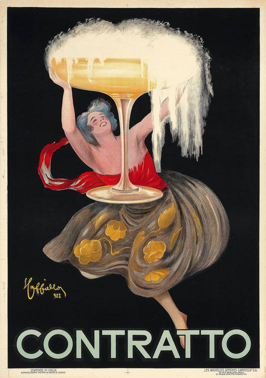 Vintage-style advertisement poster with a woman holding a large glass of sparkling wine, featuring the brand 'Contratto'.