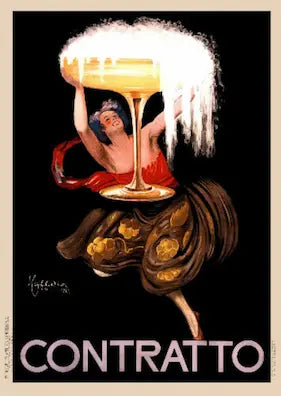 Vintage-style advertisement poster with a woman holding a glass of champagne and the word 'Contratto'.